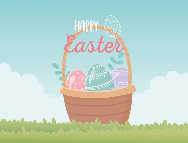 Cesta de Páscoa feliz com decoração de ovos na grama — Vetor de Stock