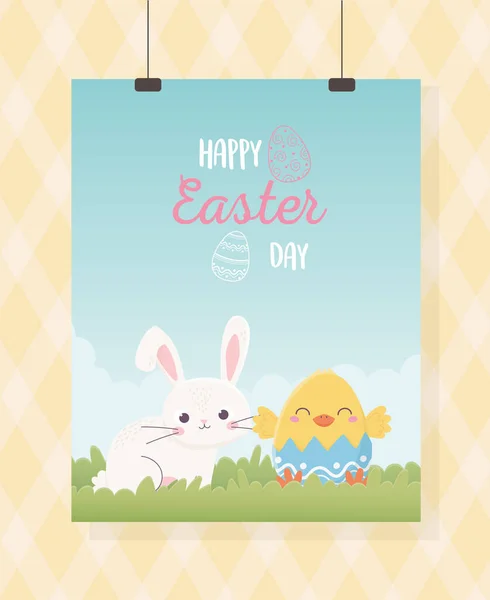 Feliz Páscoa pendurado cartão bonito coelho e frango na grama casca de ovo — Vetor de Stock