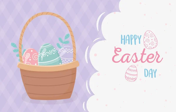 Cesta de Páscoa feliz com ovos e decoração de folhagem — Vetor de Stock