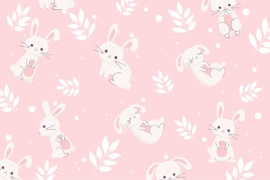Mutlu Paskalya günleri beyaz tavşanlar çiçek desenli afişler pembe arka plan