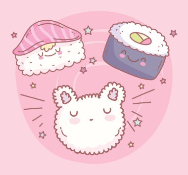 Maki suşi somon pilavı, kedi yüzlü çizgi film yiyecekleri şirin.