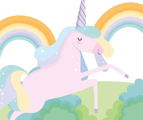 Unicorn jumping rainbow field fantasy magic cute cartoon - Stok Vektor