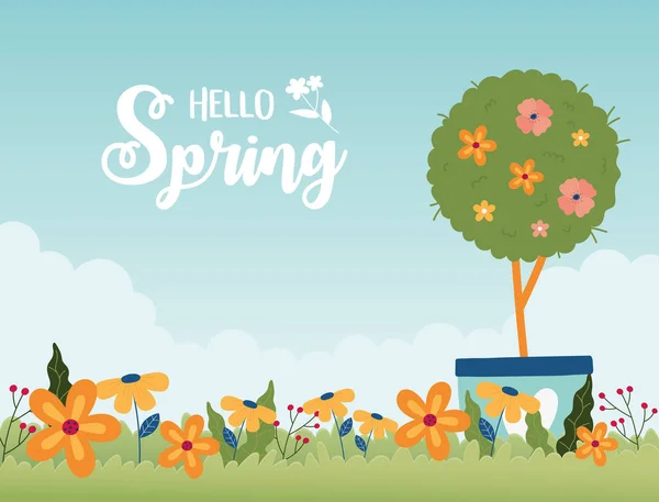 Heureux printemps pot arbre fleurs jardin herbe florale — Image vectorielle