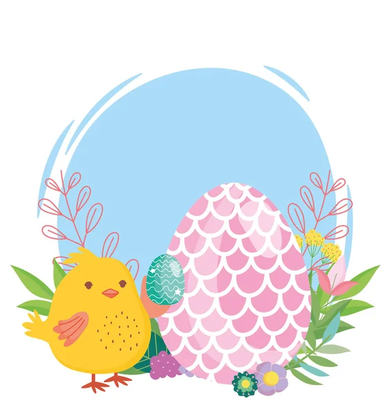 快乐的东方鸡和装饰着鱼花形状的蛋 — 图库矢量图片