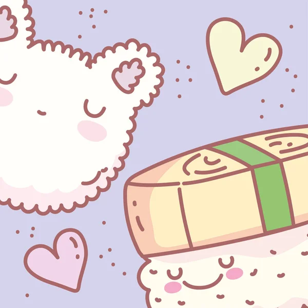 Ryż z twarzy kota i sushi kreskówki jedzenie słodkie — Wektor stockowy