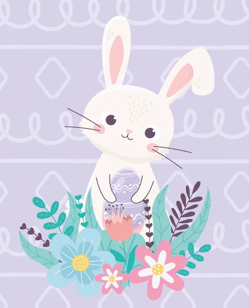 Onnellinen pääsiäinen kani koriste muna kukkia lehtien — vektorikuva