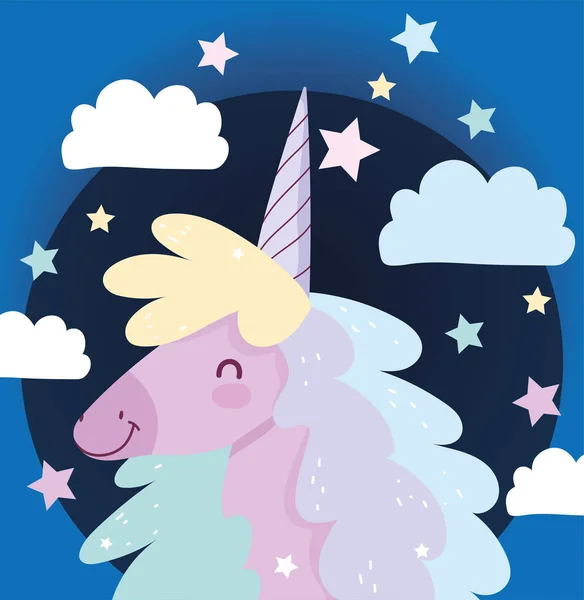 Unicorn stars clouds fantasy magic cute cartoon — Stock Vector
