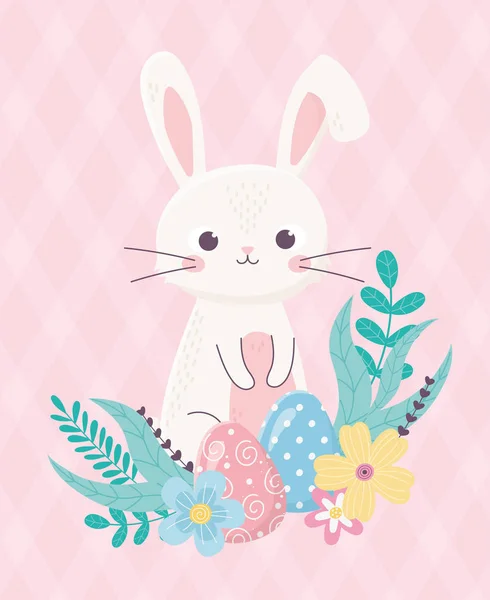Feliz Pascua lindo conejo y flores de huevo follaje de dibujos animados — Archivo Imágenes Vectoriales