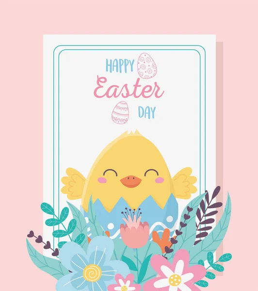 Mutlu Paskalya Tavukları Çiçekli Çiçekler Kutlama Kartı — Stok Vektör