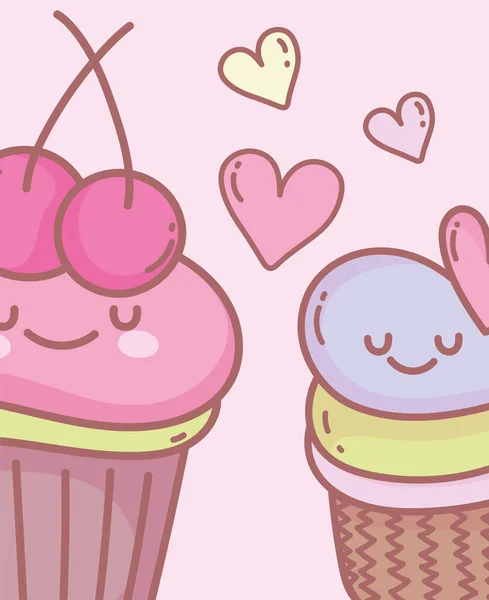 Dulce cupcakes frutas amor corazones dibujos animados alimentos lindo — Vector de stock