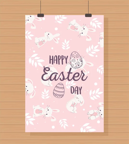 Glücklich Ostern hängende Karte Hasen Blumenschmuck rosa Hintergrund — Stockvektor
