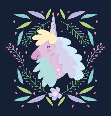 Tek boynuzlu at çiçekleri çiçekli fantezi sihirli sevimli çizgi film koyu arkaplan