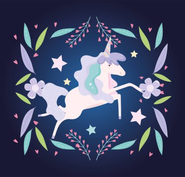 Tek boynuzlu at çiçekleri yıldız süsleme fantezi sevimli çizgi film bırakır