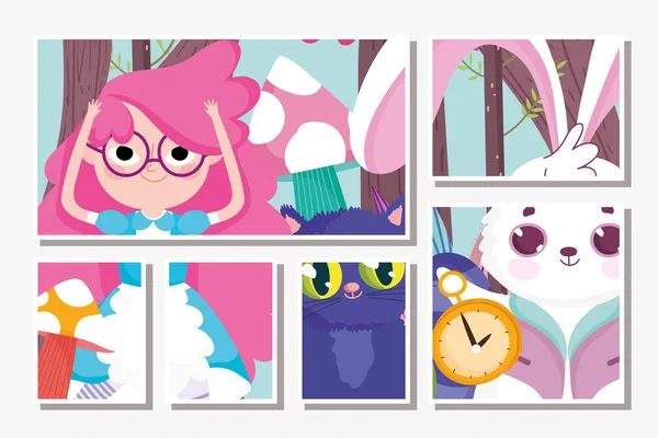 Niedliches Mädchen und Katze Kaninchen Uhr Cartoon, Kinder Charakterkarten — Stockvektor