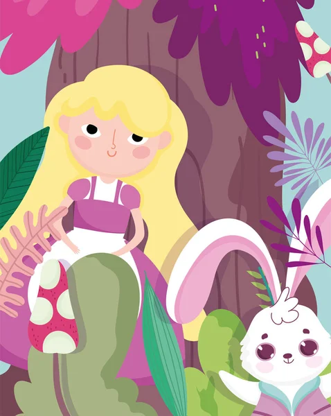 Bonito menina e coelho folhagem floresta vegetação desenhos animados, crianças personagem —  Vetores de Stock