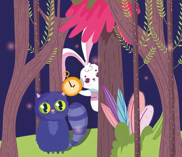 Söt kanin och katt i skogen tecknad, barn karaktär — Stock vektor