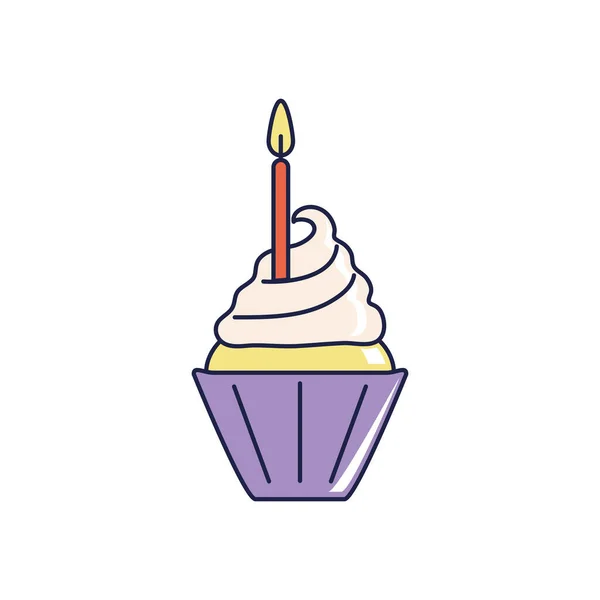 Feliz cumpleaños, dulce cupcake con la línea de fiesta de celebración de vela ardiente y estilo de relleno — Vector de stock