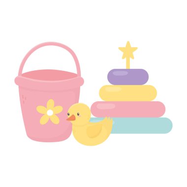 Çocuk bölgesi, plastik ördek ve bulmaca kulesi oyuncakları.