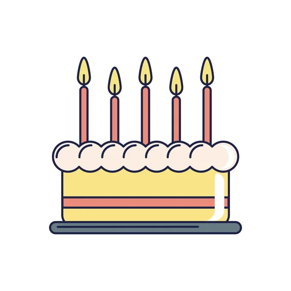 С днем рождения, сладкий торт с горящими свечами украшения праздничной линии и заполнить стиль — стоковый вектор