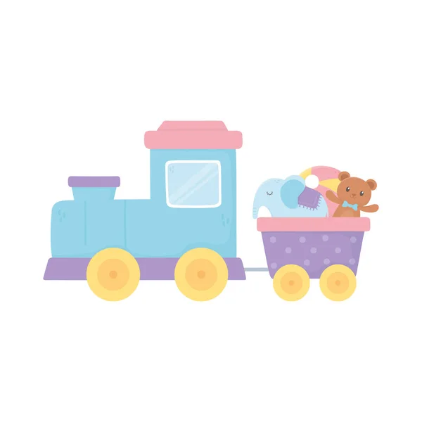 Niños juguetes tren vagón oso elefante bola icono diseño blanco fondo — Vector de stock