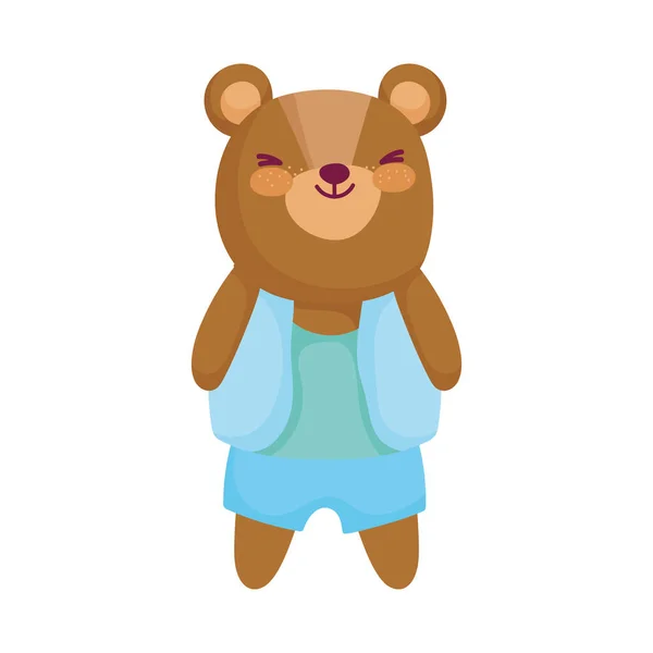 Schattig teddybeer met blauwe kleren dier cartoon karakter — Stockvector