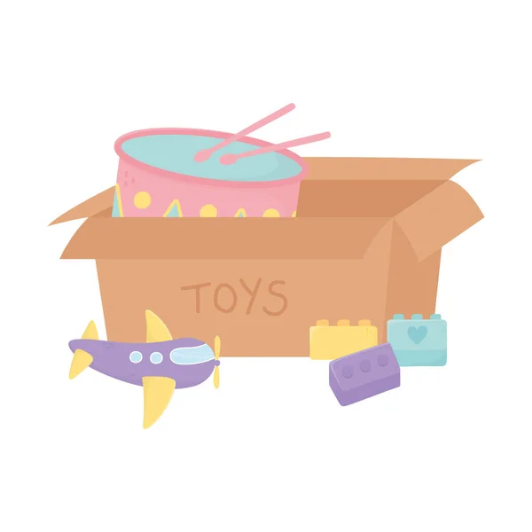 Дитяча зона, картонна коробка з барабанною площиною та цегляними іграшками — стоковий вектор