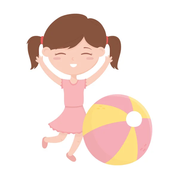 Zona de los niños, linda niña con juguetes de pelota de playa — Vector de stock