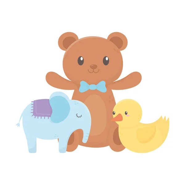 Kids zone, teddy bear duck and elephant toys — Stock Vector