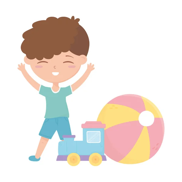 Детская зона, милый маленький мальчик поезд мяч мультяшные игрушки — стоковый вектор