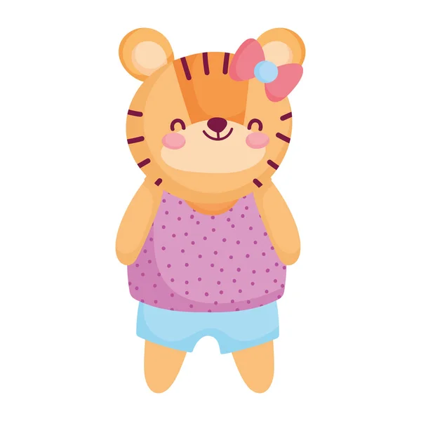 Tigre fêmea bonito com roupas e arco personagem de desenho animado animal — Vetor de Stock