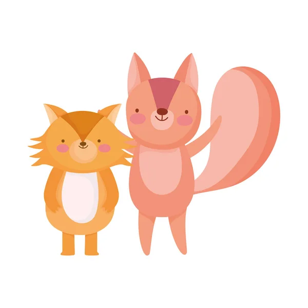 Cute fox and squirrel animals cartoon character — Stock vektor