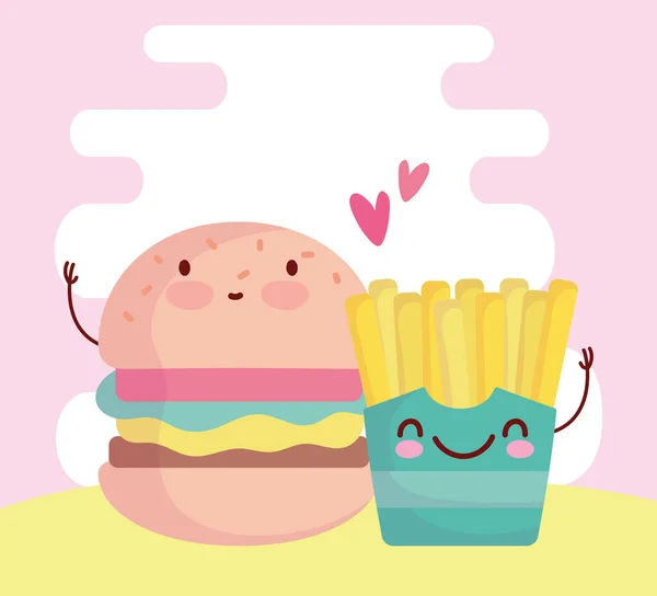 Burger and french fries menu character cartoon food cute — Stock Vector