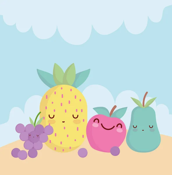 Ananas pomme poire et raisins menu personnage dessin animé nourriture mignon — Image vectorielle