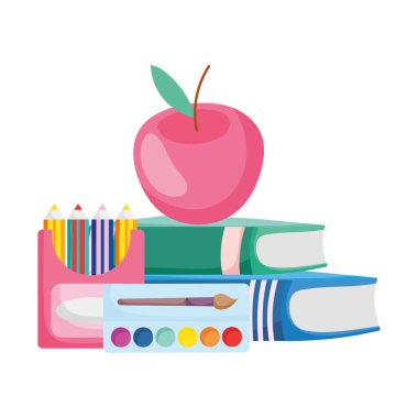 back to school apple books pencils color and watercolor palette cartoon