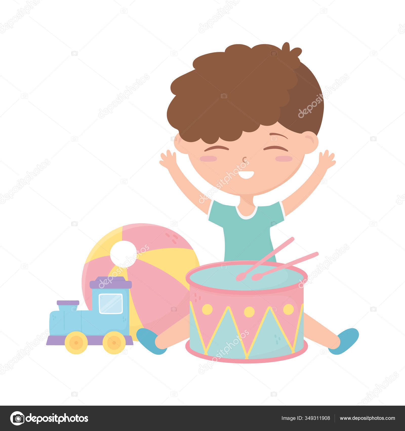 Kids zone, cute little boy drum ball and train toys Stock Vector by