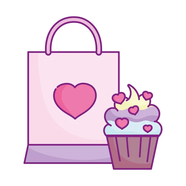 Happy valentines day, shopping bag cupcake hearts love romantic celebration — Stockvektor