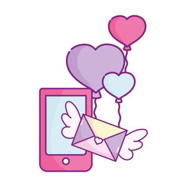 happy valentines day, smartphone mail message balloons shaped heart