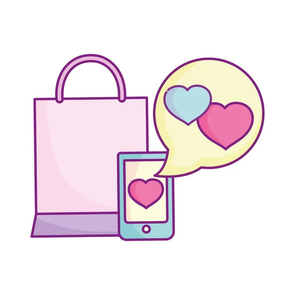 Happy valentines day, smartphone love message shopping bag — 스톡 벡터