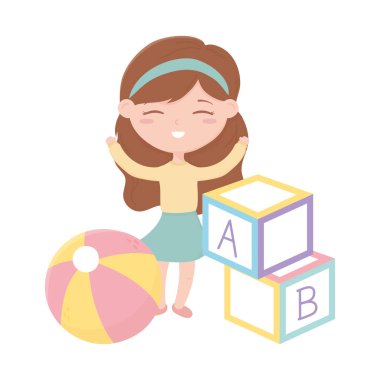 kids zone, cute little girl with abc bocks and ball toys