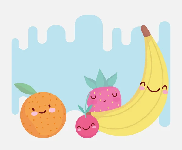 Banana laranja e morango menu personagem desenho animado comida bonito — Vetor de Stock