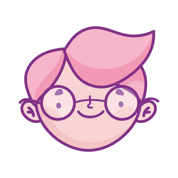 Cute boy face with glasses cartoon character icon — ストックベクタ