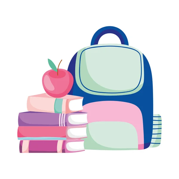 Back to school stacked books apple and backpack cartoon — Stockvector