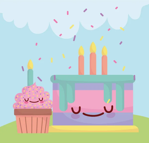 Bolo de aniversário e cupcake com velas menu personagem dos desenhos animados comida bonito — Vetor de Stock