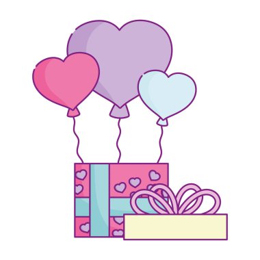 happy valentines day, gift box with balloons and love