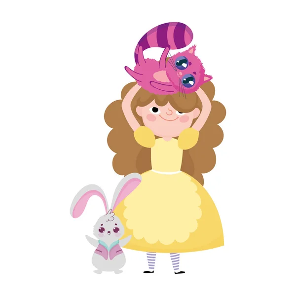 Girl with cat in head and rabbit cartoon character wonderland — Wektor stockowy