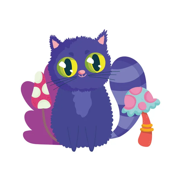 Страна чудес, кошка с грибным персонажем мультфильма — стоковый вектор