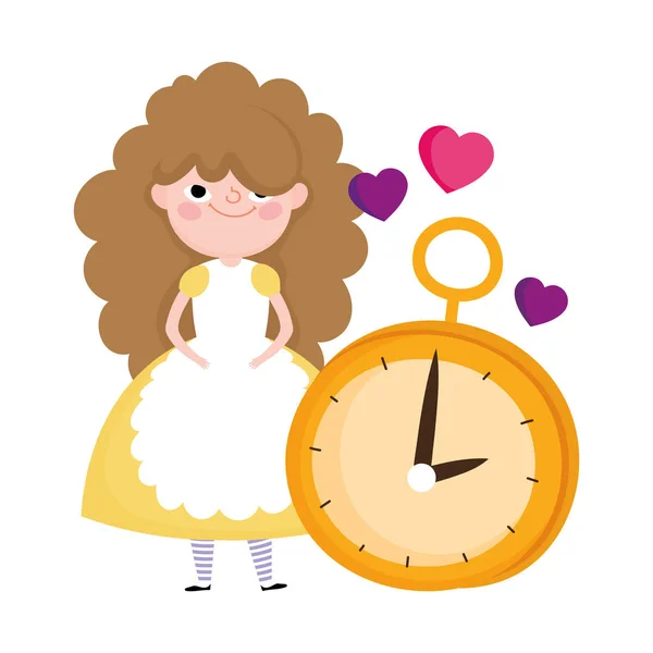 Girl and clock hearts love cartoon characters wonderland — Stockvektor