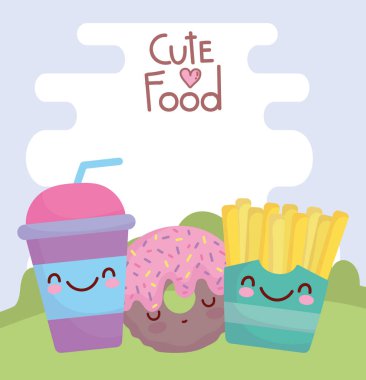 french fries donut and disposable cup menu character cartoon food cute