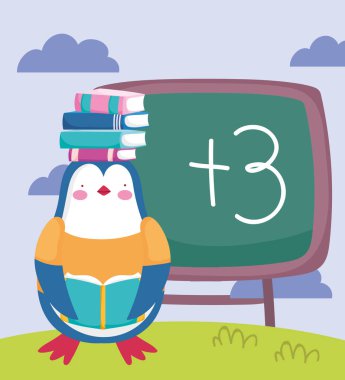 back to school, penguin with books on head chalkboard cartoon