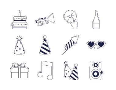 happy birthday, decoration event festive celebration party icon set line style